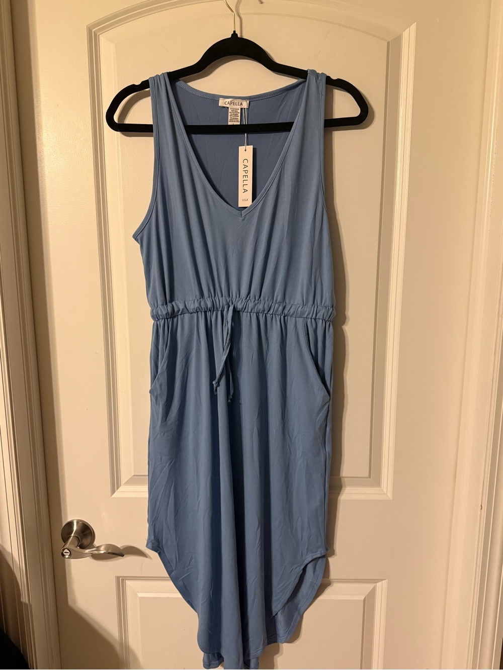Capella Light Blue Sleeveless Midi Dress with Drawstring Waist